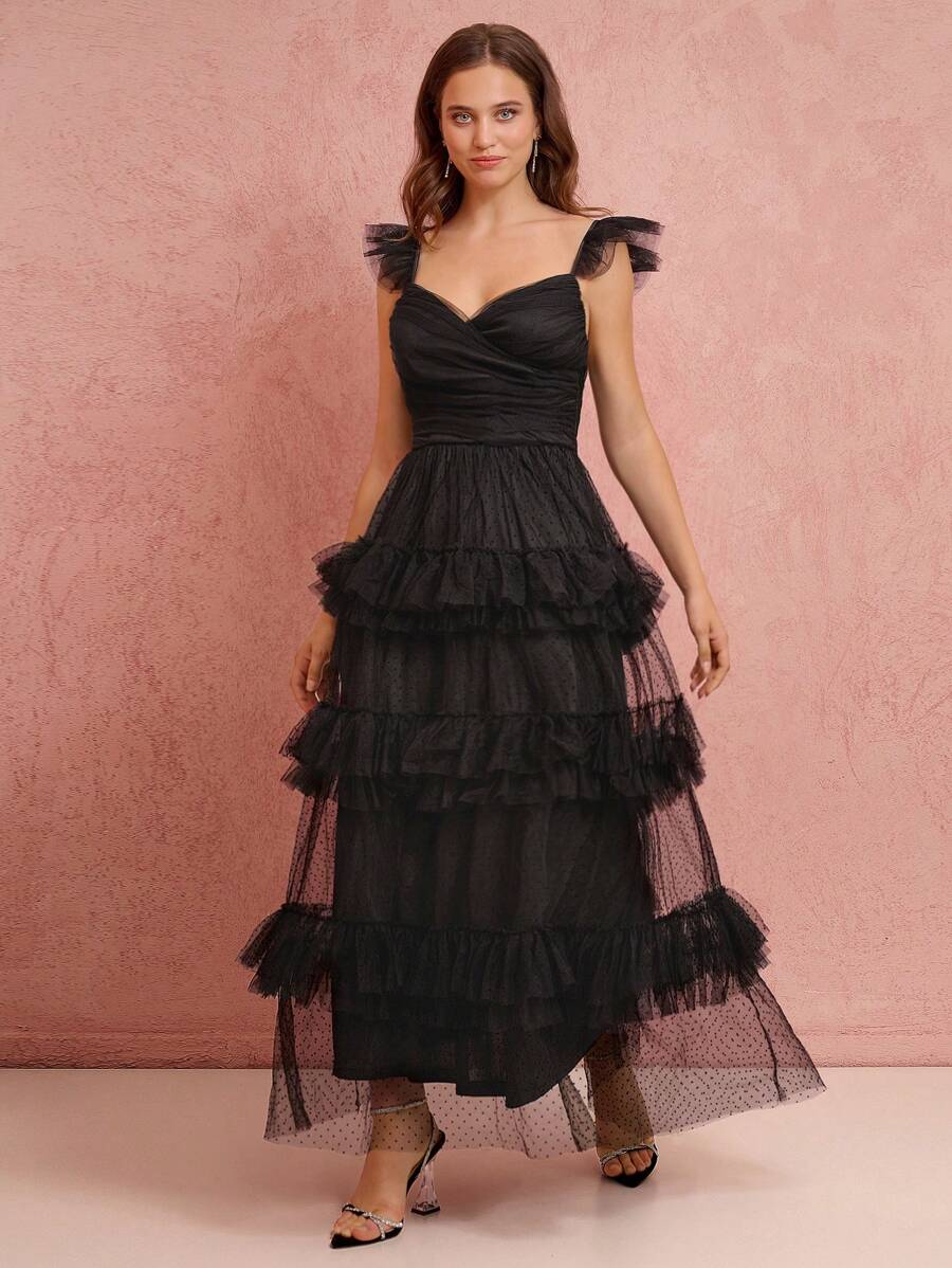 Enchnt Romantic Fall  Elegant Black Ruffle Hem Long Mesh Dress, Date Night Princess Dress For Party,Cocktail And Prom - Black - View 1