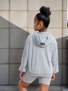 Tween Girl  Girls' Knitted Fleece Striped Hooded Sweatshirt And Shorts Two-Piece Set, Suitable For Autumn, Winter And Early Spring - Light Grey - View 10