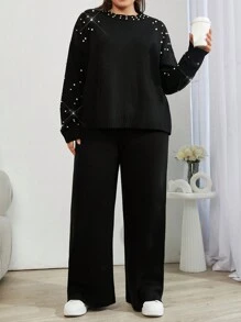 RueChic 大码高领长袖毛衣配珍珠和毛衣裤套装，适合冬季 - 黑色 - 查看 3