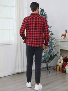 2 piezas Camisa casual con cuello a cuadros y pantalones largos de mezclilla, conjunto de padre e hijo