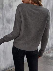 EMERY ROSE Sweater Pullover Lengan Panjang Kerah Bulat Warna Polos, Pakaian Kasual Sehari-hari, Atasan Lengan Panjang, Pullover Rajut Musim Gugur Musim Dingin - Dark Grey - View 2
