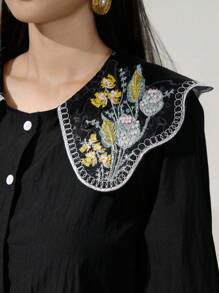 Modelyn Áo sơ mi nữ tay dài cài nút thêu hoa thường ngày - màu đen - Xem 8