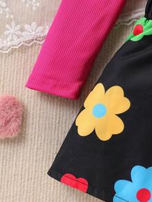 女婴优雅高领罗纹上衣，泡泡袖和花卉印花裙套装，秋冬 - 彩色 - 查看 5