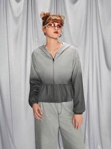 SHEIN Sweat-shirt effet jean lavé avec bordure volantée et capuche pour adolescentes, peut être associé à un sac à l'épaule, un sac à dos, un sac bandoulière, une casquette de baseball, un béret, un chapeau seau, des bottines, des bottes hautes, des chaussures casual, des babies, des lunettes de soleil, des écouteurs intra-auriculaires