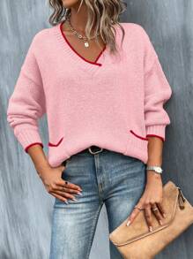SHEIN LUNE Jersey de bolsillo con manga larga y ribete de color contrastante, uso casual de todos los días