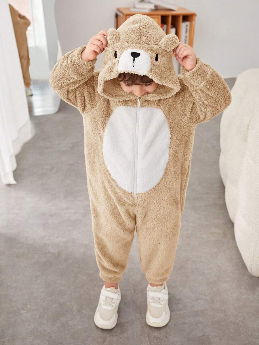 SHEIN Cute Loose Comfortable Embroidered 3D Animal Design Fleece Jumpsuit For Young Boys  Bear Jumpsuits - Khaki - View 1