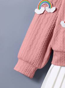 Girls Colorful Rainbow Print Blue Jacket + Pleated Skirt 2pcs Set, Back-To-School