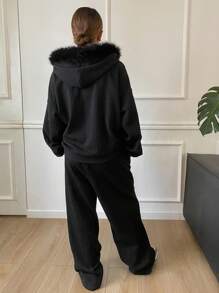 DAZY 2 piezas Conjunto de chaqueta con capucha y cuello esponjoso talla grande pantalones de unicolor para mujer, forrado térmico para otoño e invierno, conjunto de chándal para mujer - Negro - Ver 5