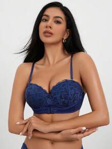 Women Spaghetti Strap Lace Trim Backless Sexy Comfortable Bra - Navy Blue - View 3
