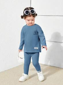 SHEIN Baby Girl Cute Knitted Letter Print Long Sleeve Top And Elastic Waist Pants Set - Blue - View 3