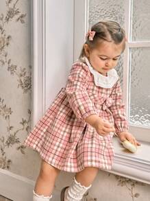 SHEIN Baby Girl Plaid Ruffle Hem Casual Dress For Spring And Autumn - Pink - View 3