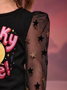 SHEIN X Care Bears Áo thun tay bồng in họa tiết gấu hoạt hình Halloween cho bé gái - màu đen - Xem 6