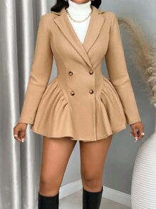 Zolique Notched Collar Long Sleeve Button Front Side Ruffle Hem Overcoat Fall Winter Cloth For Women - Khaki - View 4