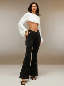 SHEIN Unity Quần đen nữ có cạp chữ V bằng chỉ vàng và bạc, quần ống loe bó, quần áo mùa thu, Halloween - màu đen - Xem 1