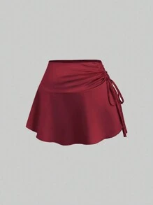Sweetra 纯色褶裥缎面抽绳迷你裙 - 休闲度假酒红色 - 酒紅色 - 查看 4