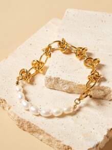 SHEIN 18K 镀金扭纹交织链和天然珍珠手链 - 金黃色 - 查看 4