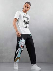 Rick and Morty X SHEIN Pantalones deportivos casuales para hombre con estampado de personaje de dibujos animados y letra, cintura con cordón, bolsillos laterales - Negro - Ver 5