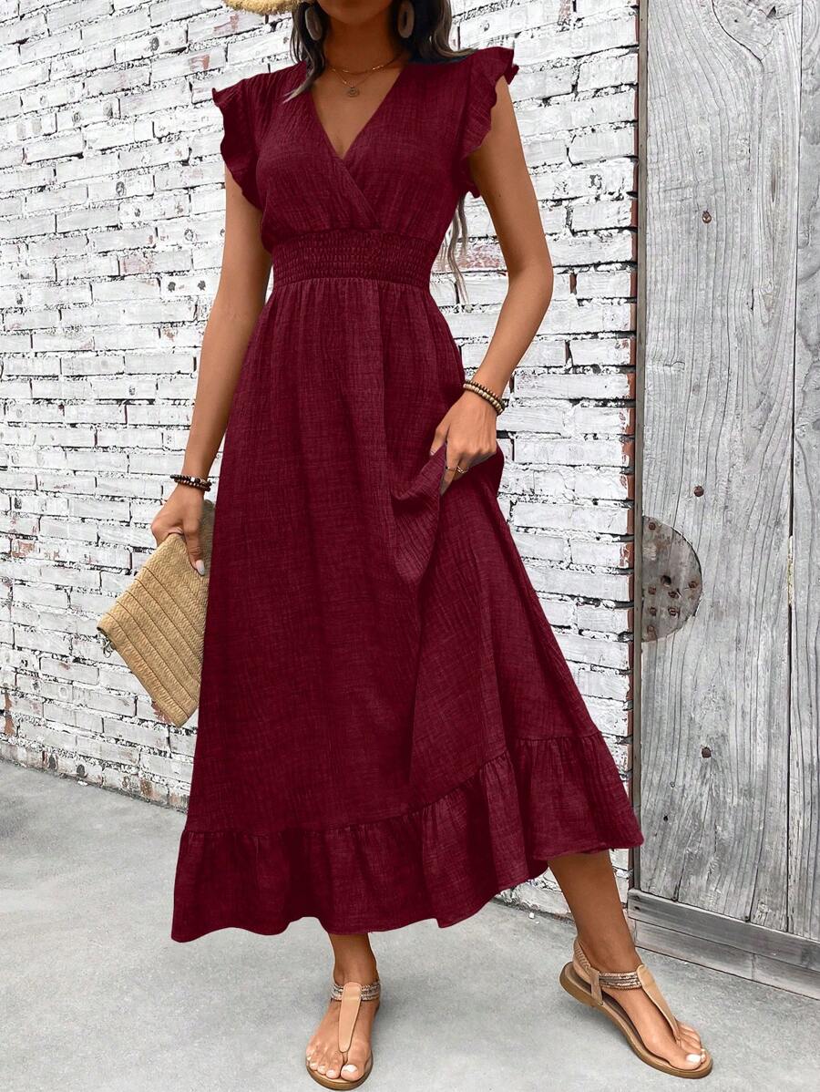 SHEIN Clasi 女士休闲简约假日束腰连衣裙 - 酒紅色 - 查看 1