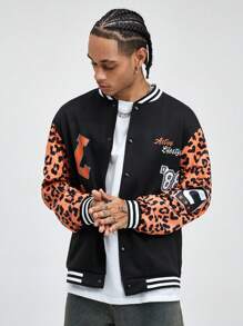 ROMWE MEN Street Life 秋冬季男士宽松豹纹字母休闲棒球夹克 - 黑色 - 查看 5