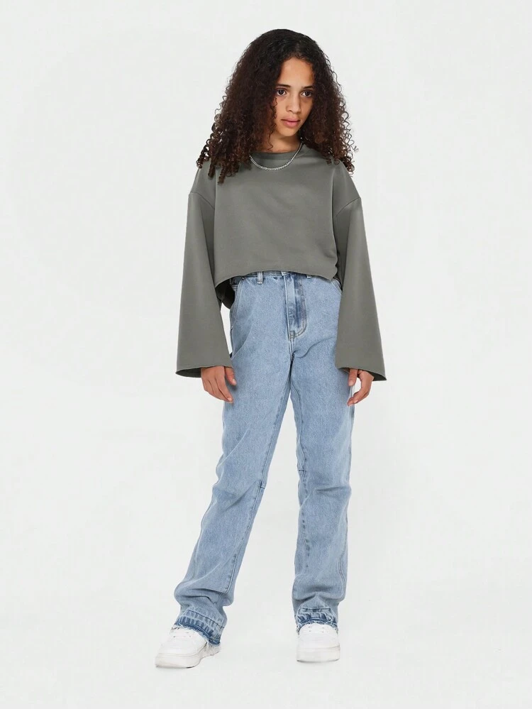 Blusa de moletom cropped de manga larga para meninas pré-adolescentes