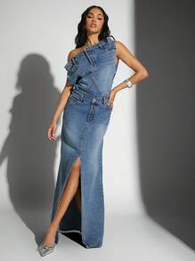 Denimoi Off Shoulder Split Front Denim Dress - Medium Wash - View 6