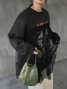 FRIFUL Women's Crew Neck Long Sleeve Mesh Contrast Letter Print Loose Sweatshirt Sheer Fall,Winter - Black - View 6