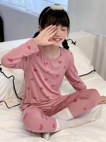 DAZY 2 件套青少年女孩秋季全印花圆领服装，返校服装 - 粉色 - 查看 2