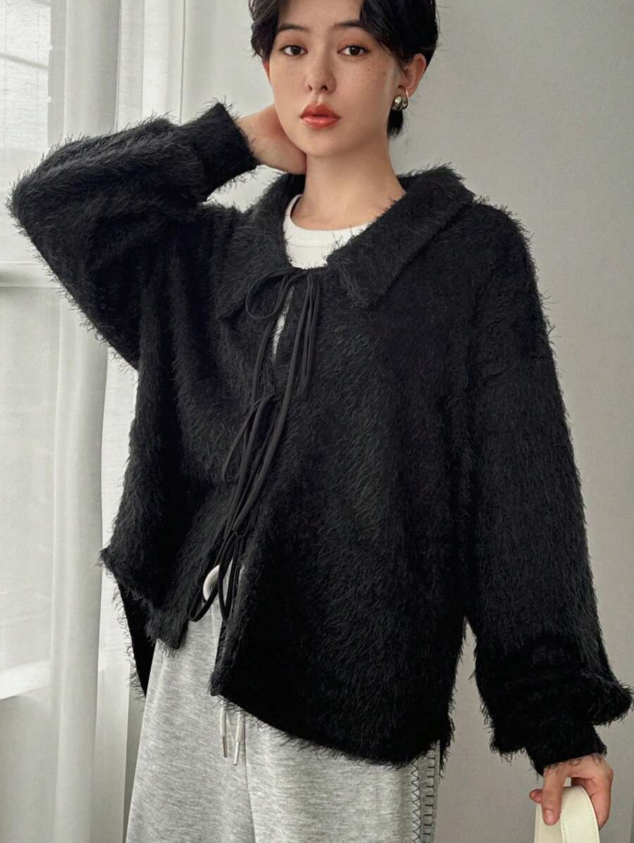 FRIFUL Áo cánh tay dài cổ đứng buộc phía trước rộng rãi cho nữ mùa thu/đông - màu đen - Xem 1