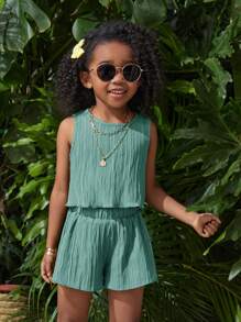 SHEIN 2pcs/Set Young Girl Woven Solid Color Crew Neck Sleeveless Top And Woven Solid Color Loose Shorts Set Green Dress Kids Girl