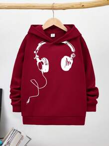 SHEIN Leap Crew Tween Boys' Casual & Comfy Headphone Pattern Loose Hooded Sweatshirt,In Fall/Winter - Burgundy - View 1