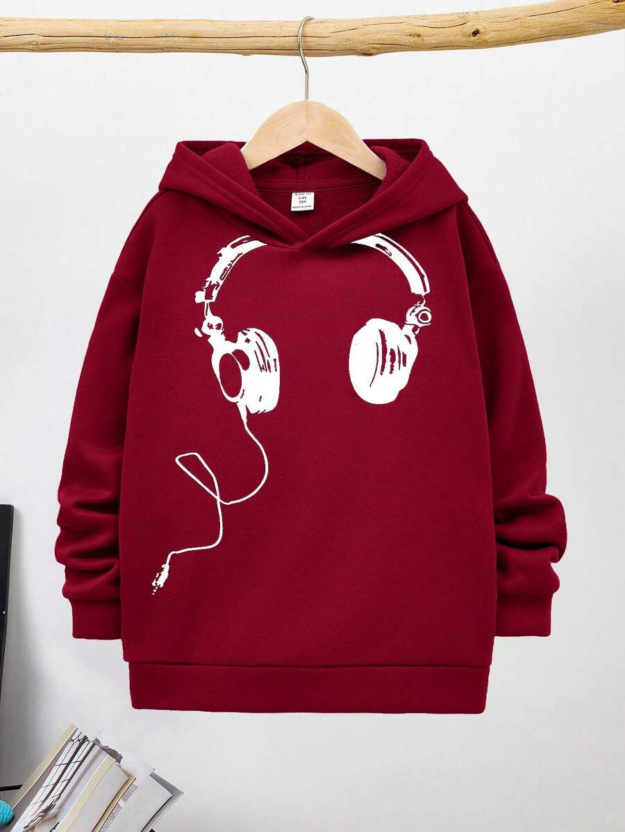 SHEIN Leap Crew Tween Boys' Casual & Comfy Headphone Pattern Loose Hooded Sweatshirt,In Fall/Winter - Burgundy - View 1