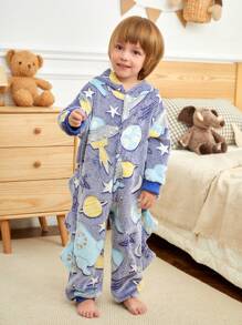 Young Boy Stylish Spaceship Graphic Hooded Warm Fleece Jumpsuit