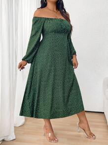 SHEIN Clasi Vestido casual de hombros descubiertos con estampado de lunares, tallas grandes, primavera y otoño