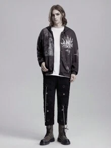 ROMWE MEN Goth Men's Printed Zipper Drawstring Casual Everyday Wear Hooded Sweatshirt - Multicolor - View 6