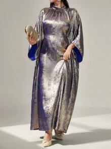Al Najma Váy Kaftan Ả Rập thời trang cổ đứng kim loại tay chuông phong cách Thổ Nhĩ Kỳ dài tay giản dị - Màu xanh hải quân - Xem 6