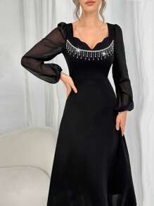Modelyn Women's Spring & Summer Rhinestone Embellished Scoop Neck Mesh Lantern Sleeve Dress - Black - View 6