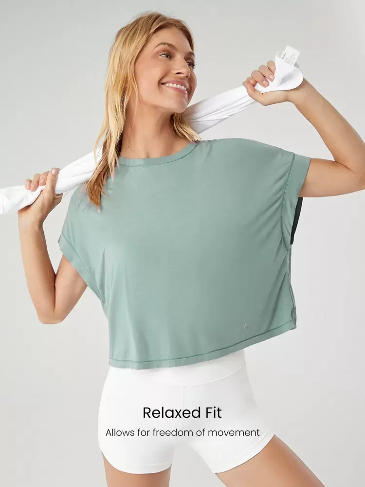 モーダル オーバーサイズ 半袖Tシャツ、キーホール バック ローインパクトヨガ デイリーカジュアル