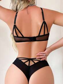 SHEIN Women's Sexy Mesh Hollow Out Halter Lingerie Set - Black - View 2