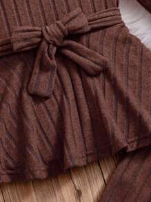Elladie kids Young Girl Spring/Summer Solid Color Crew Neck Long Sleeve Knotted Waist Ribbed T-Shirt And Pants 2-Piece Casual Set - Brown - View 4