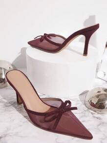 SHUZIA 女士尖头细高跟鞋小猫高跟日常优雅经典派对 PU 网眼酒红色凉鞋穆勒鞋圣诞节秋冬 - 酒紅色 - 查看 2