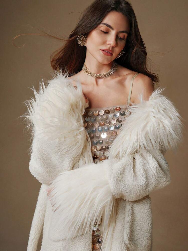 Long Fluffy Trimmed Fluffy Midi A-Line Waist Fitted Classic Women Fluffy Coat