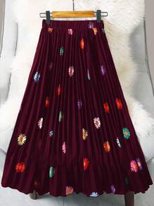 SHEIN LUNE Chân váy xếp ly in hoa toàn thân cỡ lớn, thường ngày ngày lễ - Màu Đỏ Sâu - Xem 2