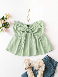Celure 大码女式夏季纯色荷叶边扭纹抹胸 - 綠色 - 查看 5