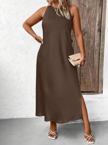SHEIN Clasi Vestido de satén maxi para mujer de talla grande, de cuello redondo sin mangas, con bajo dividido, para uso casual cotidiano