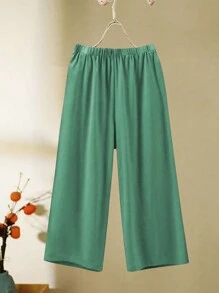 Plus Size Solid Color Round Neck Short Sleeve Top And Bear Print Pants 2 Pieces Set - Mint Green - View 6