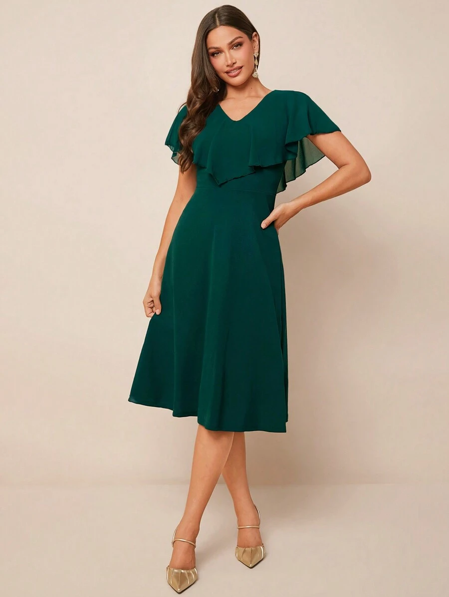 Amorya Vestido verde de largo medio con volantes en el dobladillo para dama - Verde Oscuro - Ver 1