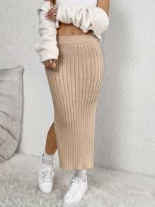 SHEIN Unity Women Solid Color Side Slit Hem Casual Knitted Skirt, Autumn-Winter - Beige - View 4