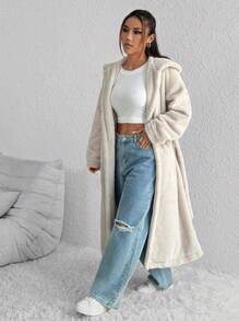 SHEIN Unity 女士纯色长袖长连帽休闲羊毛夹克 - 杏色 - 查看 1