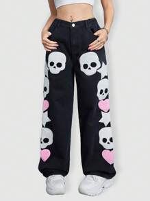 SHEIN Explorewe 少女时尚别致个性化骷髅植绒宽松休闲牛仔裤，适合万圣节派对 - 黑色 - 查看 4