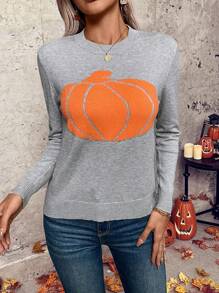 Chiquease 女士圆领长袖南瓜印花休闲套头毛衣